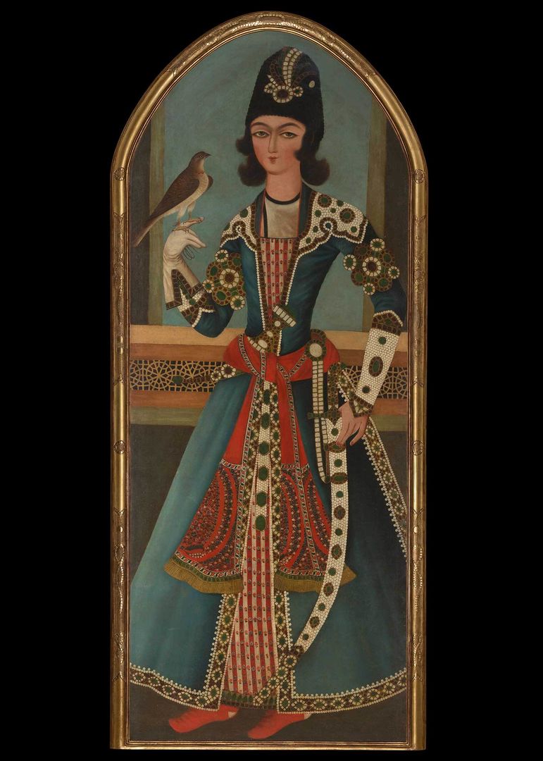 A painting of a young lord holding a falcon and a sabre