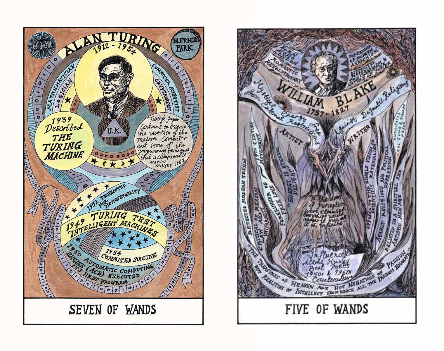 William Blake's head in a colorful five of wands tarot card