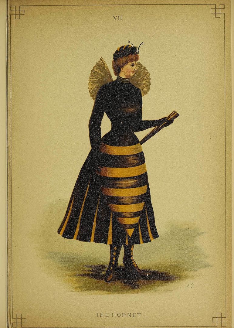 A painting from a book depicting a woman dressed in a ball gown resembling a bumblebee