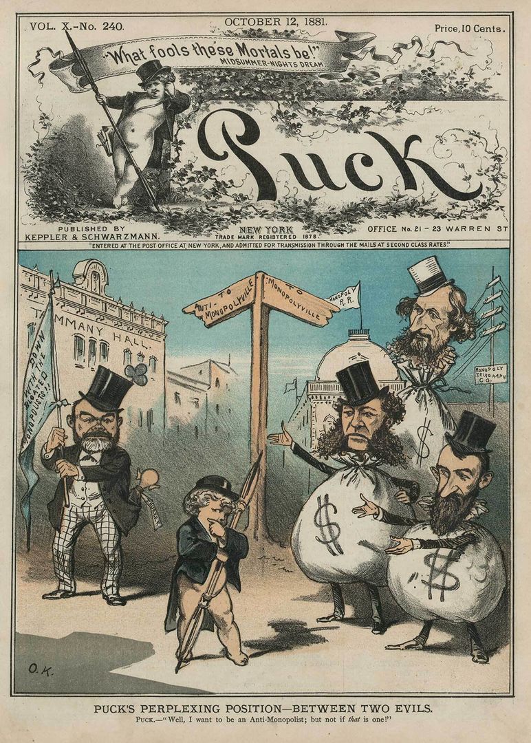 A drawn magazine cover depicting various tycoons holding sacks of money