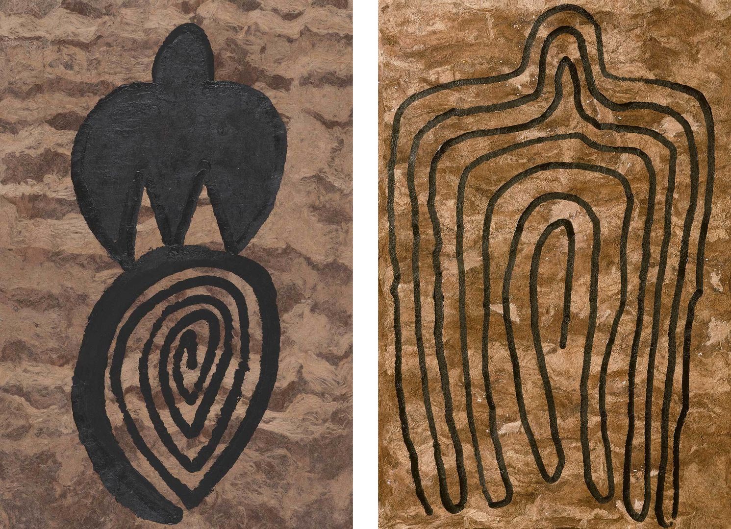 Two works by Ana Mendieta depicting pictographs resembling humanoid figures