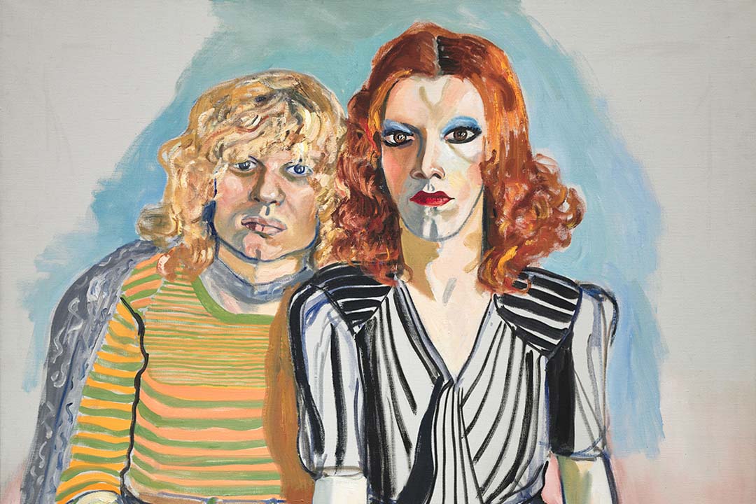 Painting of two individuals, on the left is Ritta Redd, who sits timidly behind the more dominant Jackie Curtis. Jackie Curtis is depicted with curly shoulder-length hair, wearing red lipstick and bright blue eye-shadow. 