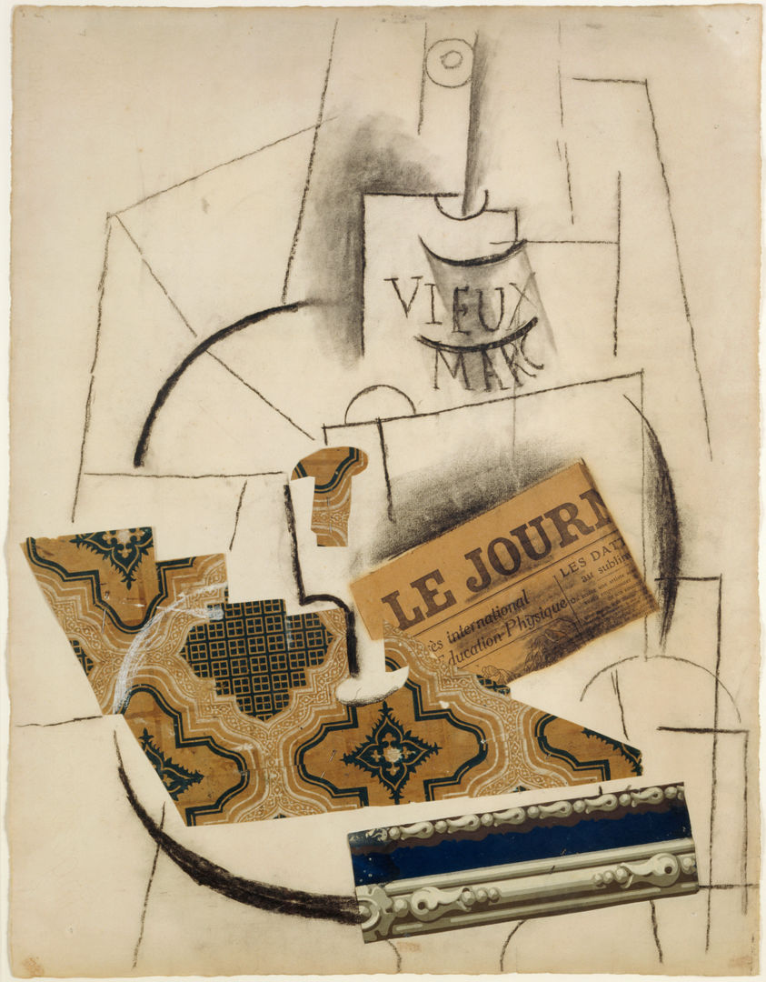 Abstract collage featuring curved and straight lines, a newspaper and a tile-patterned wallpaper