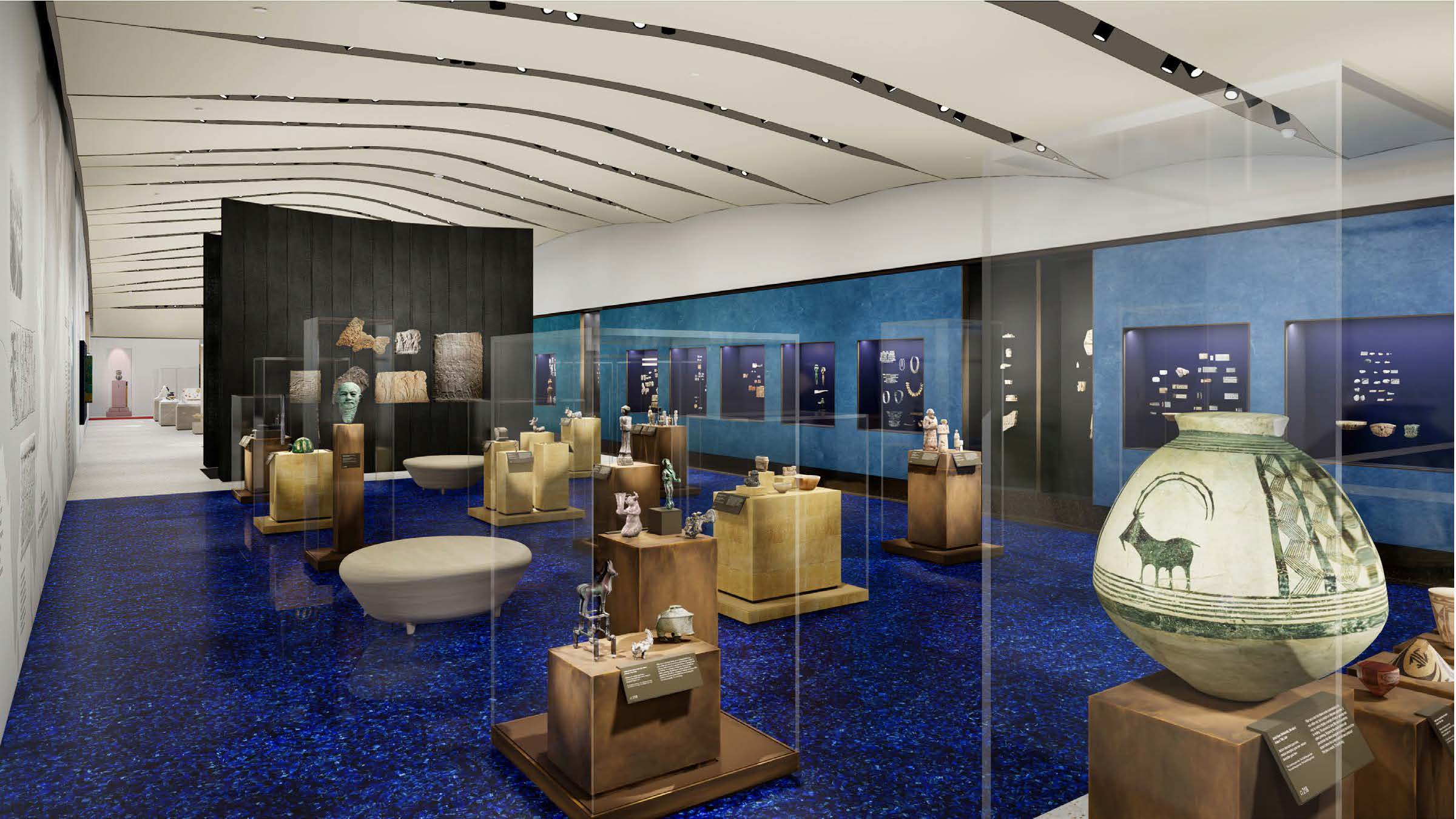 Rendering of gallery space with blue carpet and blue walls with objects in glass cases.