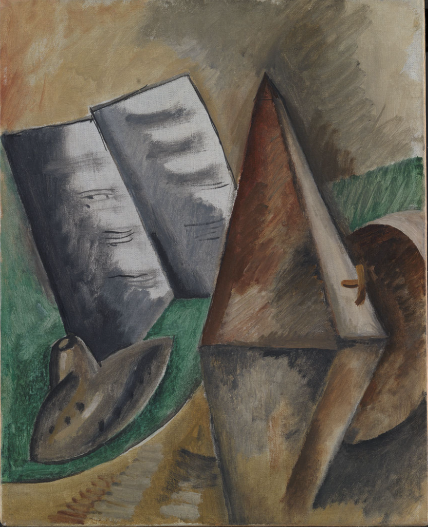 Cubist painting with metronome at right, open sheet of music, and unknown object at left, painted in browns, tans, and greens