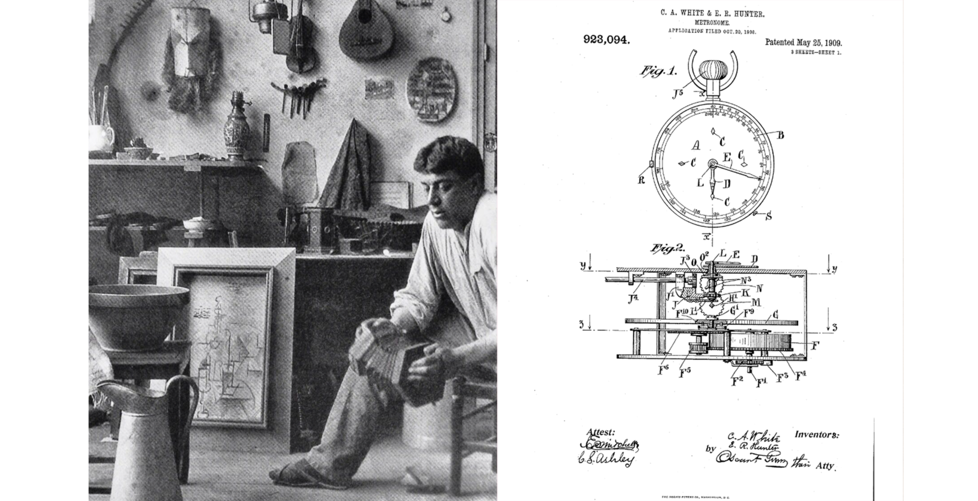(Left) Photograph of Georges Braque seated at right, leaning forward in a chair and holding a concertina, in front of a wall in his studio where various instruments, masks and objects hang (Right) Page from a patent application showing a schematic drawing of a metronome in the shape of a pocket watch