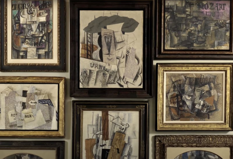Collection of various framed Cubist paintings by Pablo Picasso, Georges Braque, and Juan Gris.