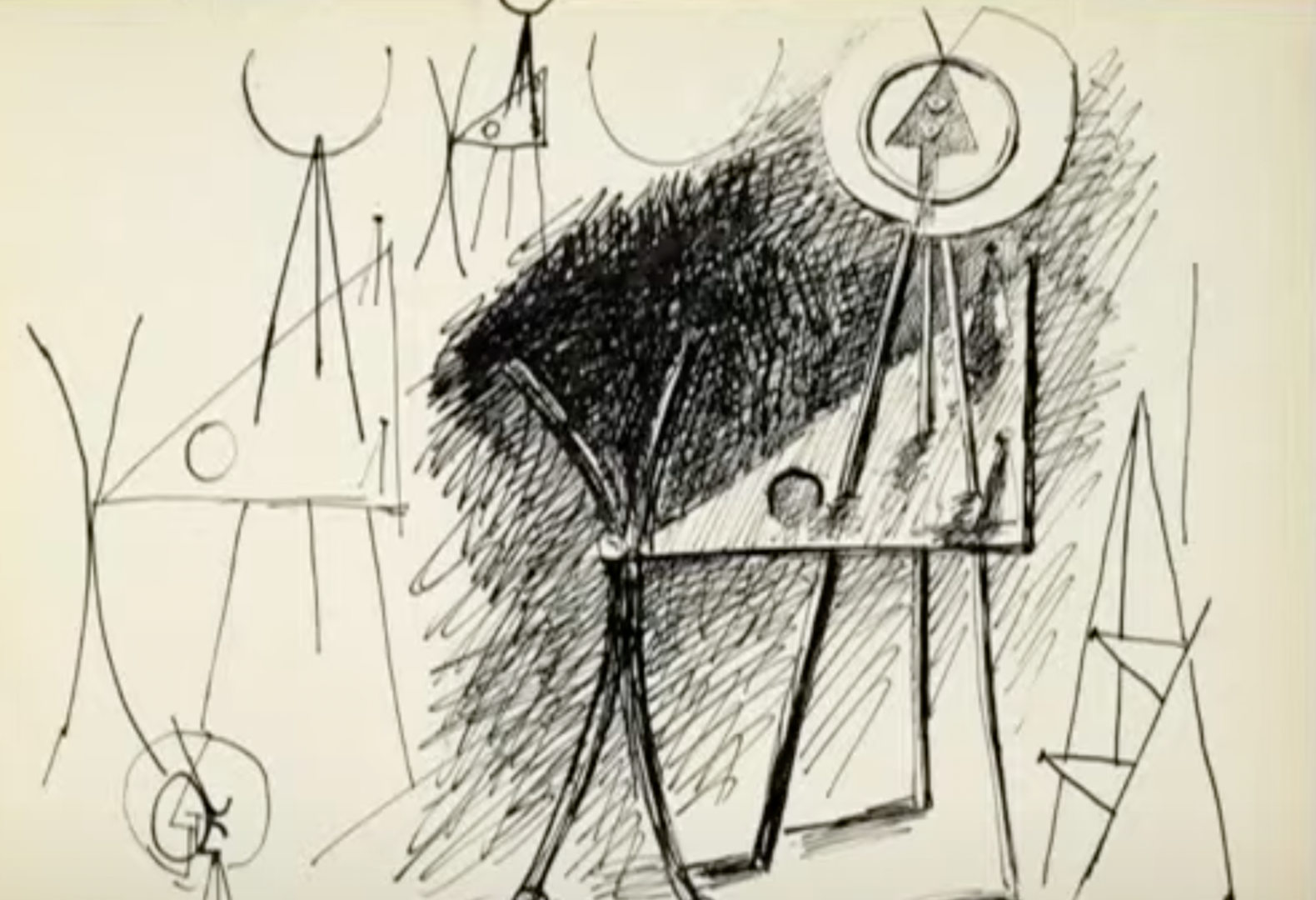 Pencil sketch from Picasso's notebook with many X and triangle shapes