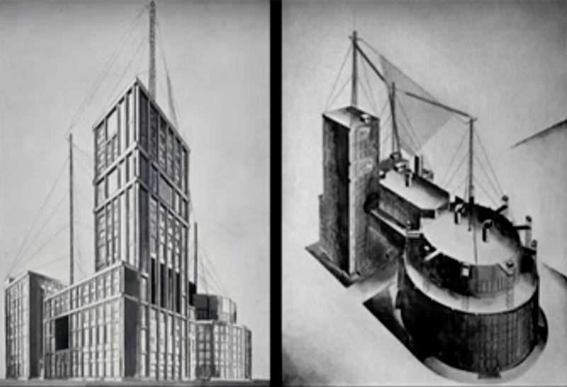 Two building sketches by Leonid Alexander and Viktor Vesnin for the Palace of Labor in Moscow in 1922.