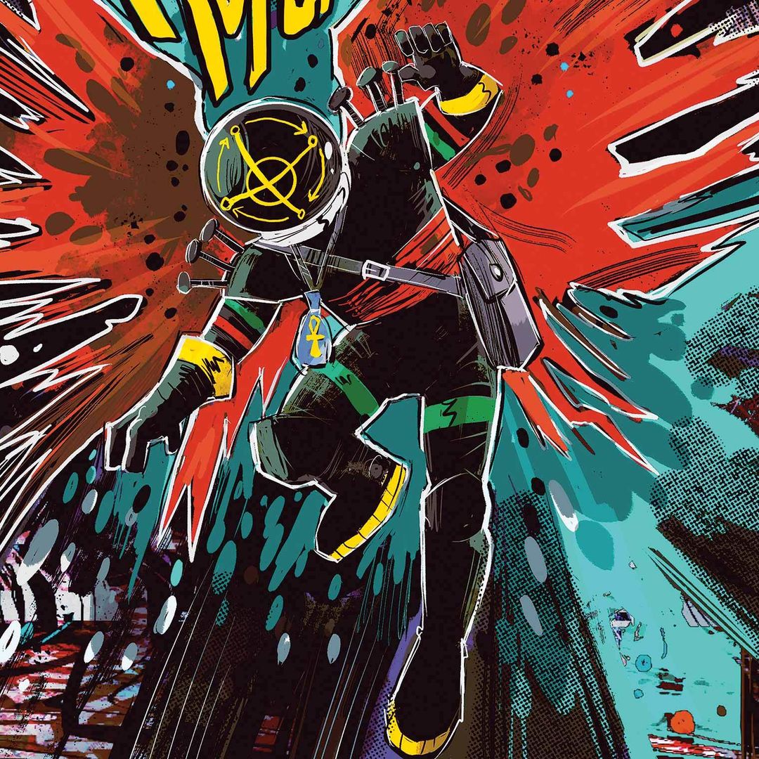 Illustration of a diver in a black suit appearing from a splash of red and aquamarine paint