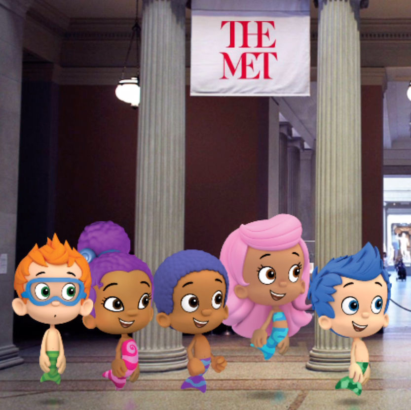 Characters from the Bubble Guppies floats in the Great Hall at The Met Museum