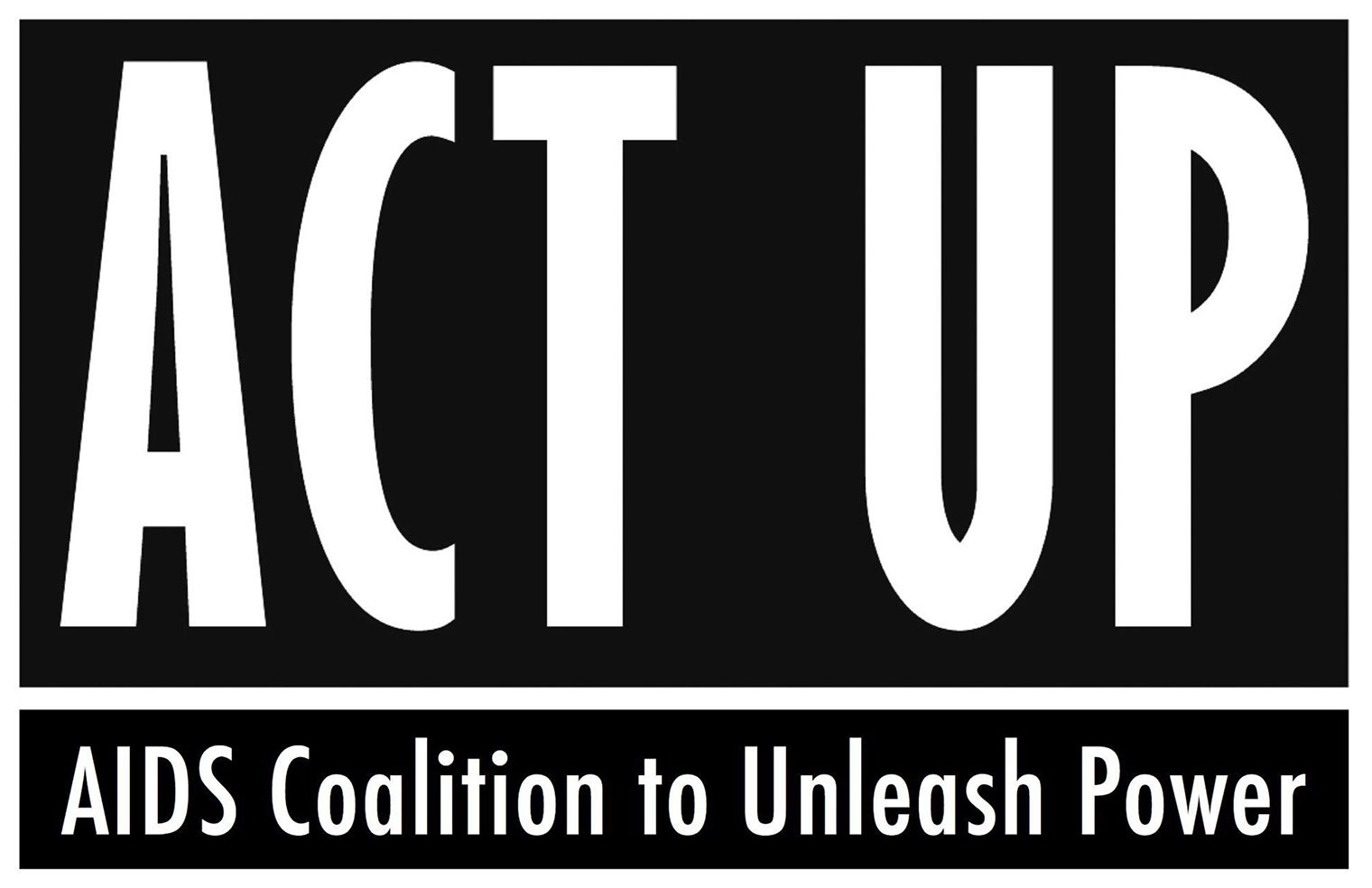 ACT UP logo with the words ACT UP in large caps and below a subtitle saying AIDS coalition to Unleash Power. The lettering is done in white against black with a white border separating the lower title from the subtitle below. 