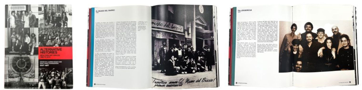 Cover and two spreads from Alternative Histories: New York Art Spaces, 1960 to 2010