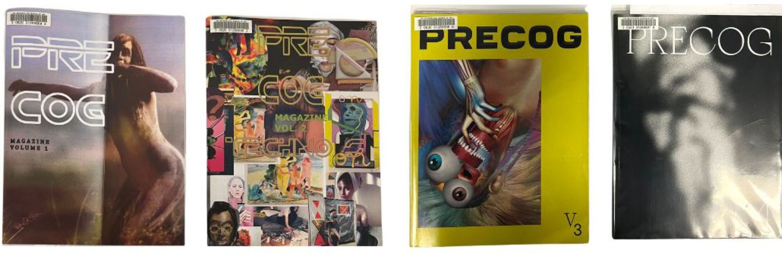 Covers of the first four issues of Precog Magazine