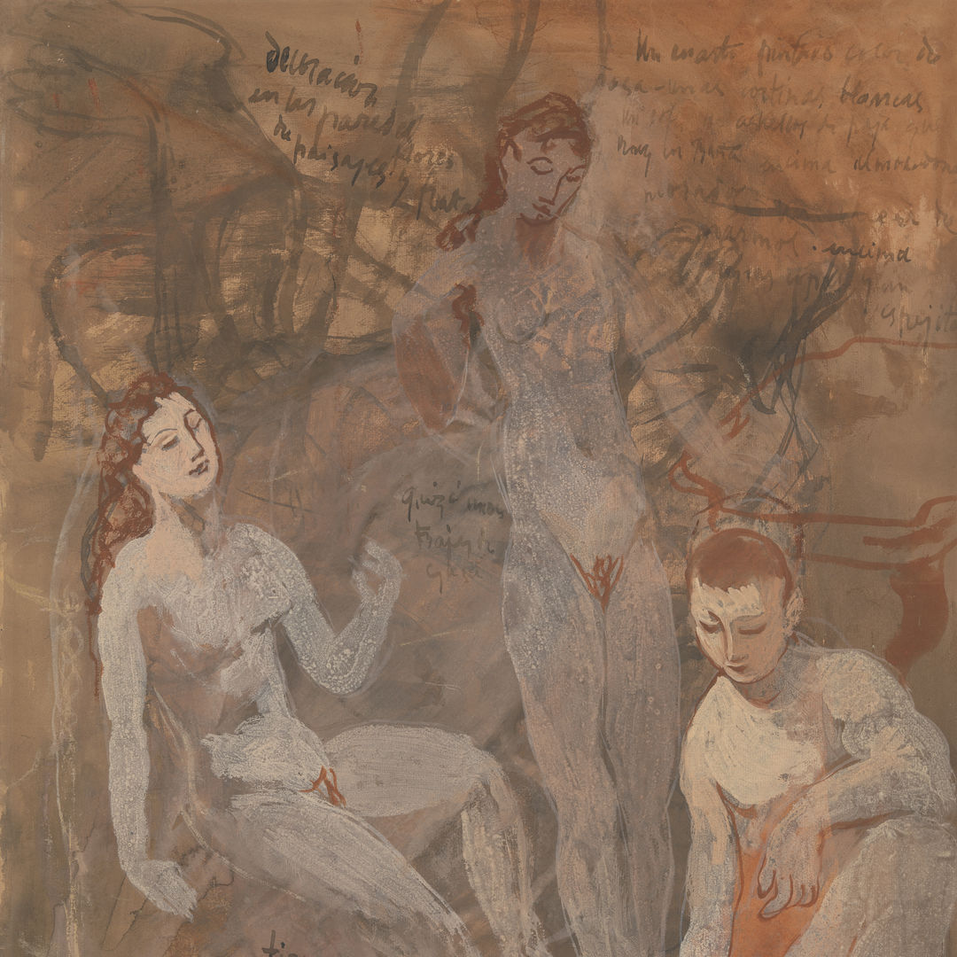 Painting of two nude women and one nude man with earlier sketches and inscription in the light brown background 