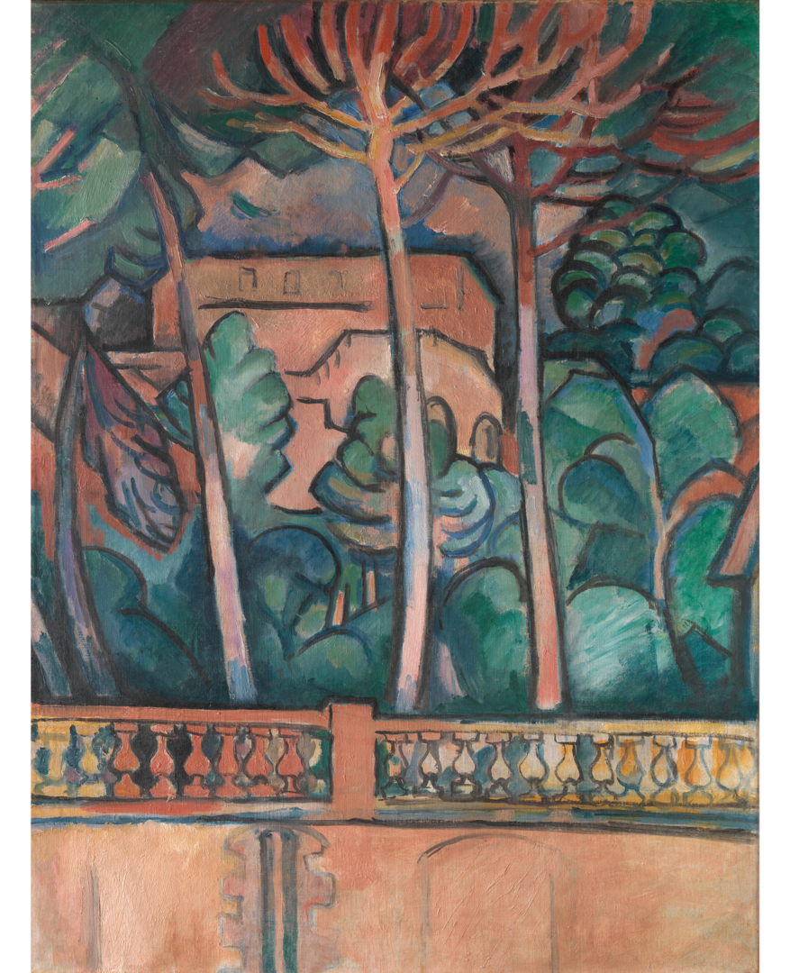 Oil painting which looks out over a balcony onto a terraced park with geometrically formed trees in green, orange, and brown tones