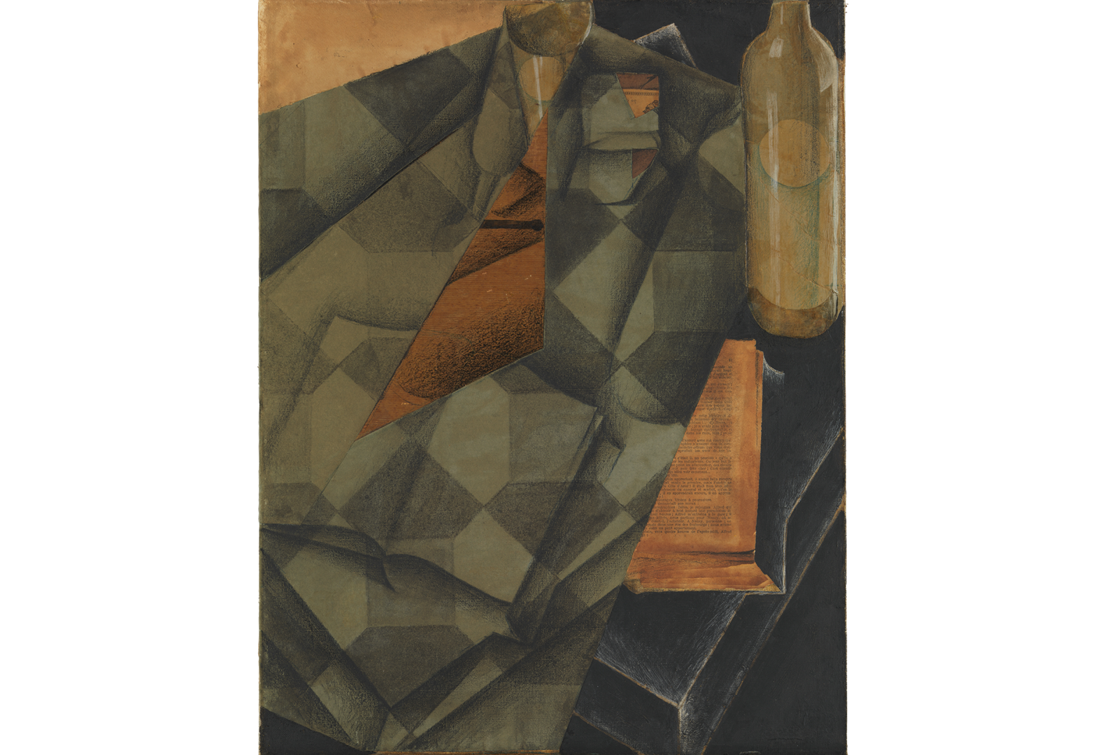 Painting with navy blue, green, and brown tones of a bottle, glass, pack of Scaferlati Ordinaire tobacco, and book on a tabletop
