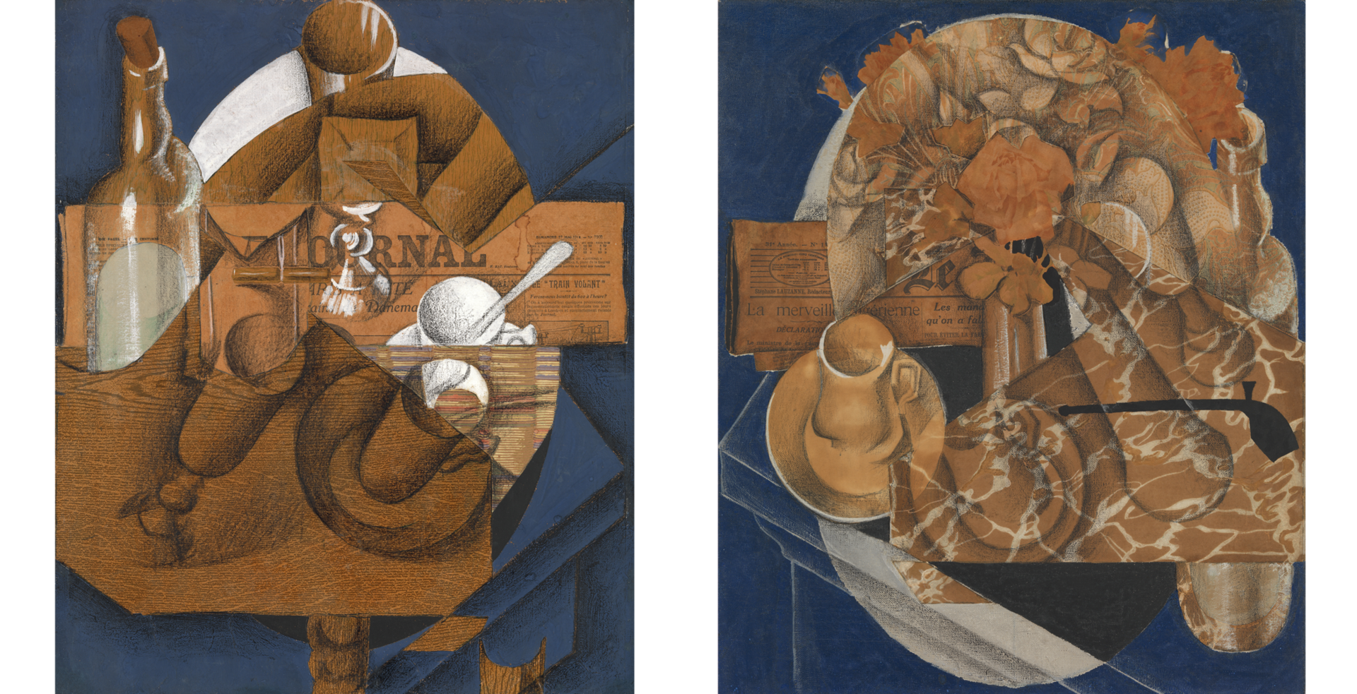 (Left) Painting on a midnight blue background with a striped napkin, stemmed glasses, a corked bottle, coffee cups, and a newspaper (right) Painting on a midnight blue background with a pipe, bouquet of flowers, wine, and faux marble wallpaper