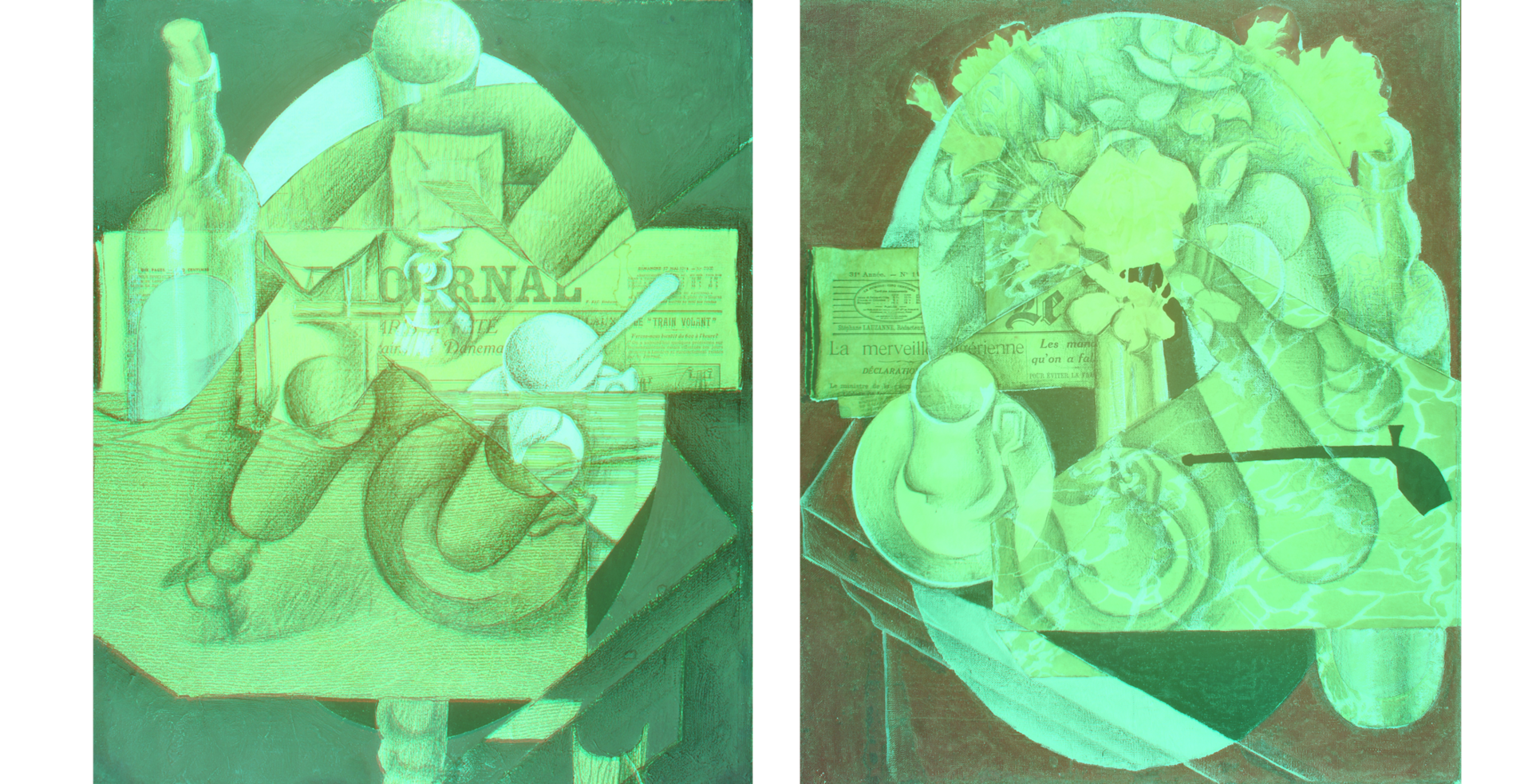 Gris’s collages, “Cup, Glasses, and Bottle (Le Journal)” and “Flowers”, seen in neon green with two different background colors (blue and brown)