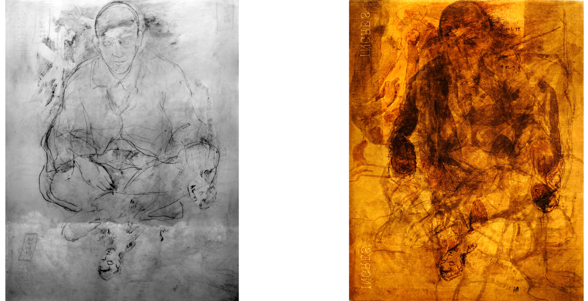 A pencil sketch of a seated figure upside down seen in black and white with IRR (left) and in a bright orange with transmitted light (right)