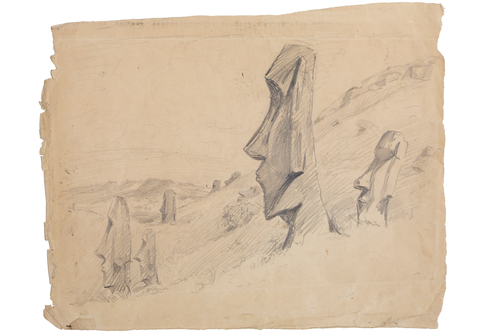 Pencil sketch of large stone statue faces from Easter Island, on the slope of the Ronororaka volcano