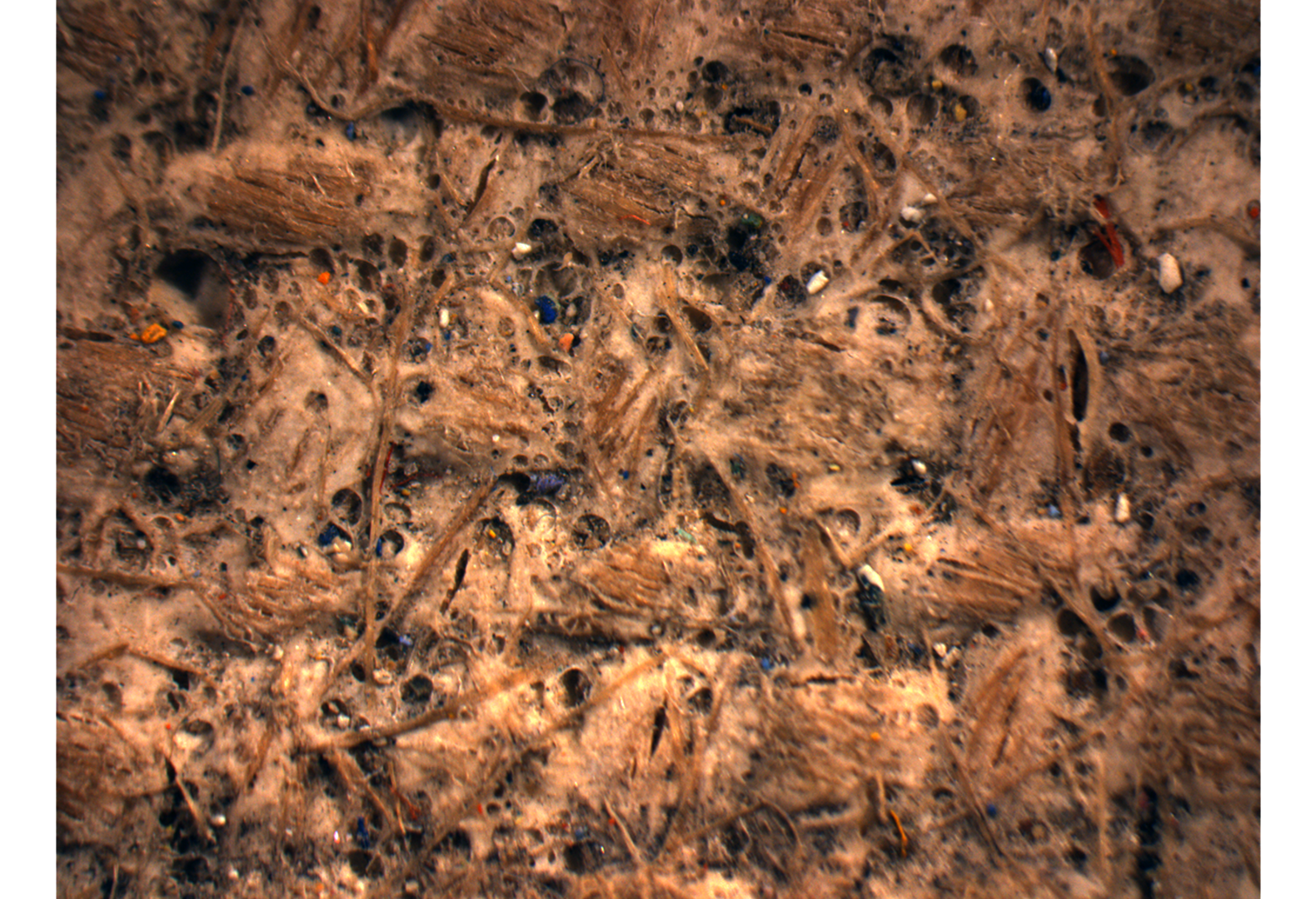 Microphotograph of ground layer of “The Village”, showing porous texture and multicolor paint inclusions