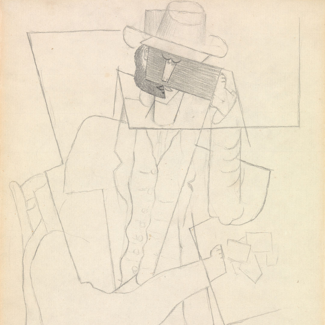 Graphite drawing of a man with a hat leaning on a table with playing cards