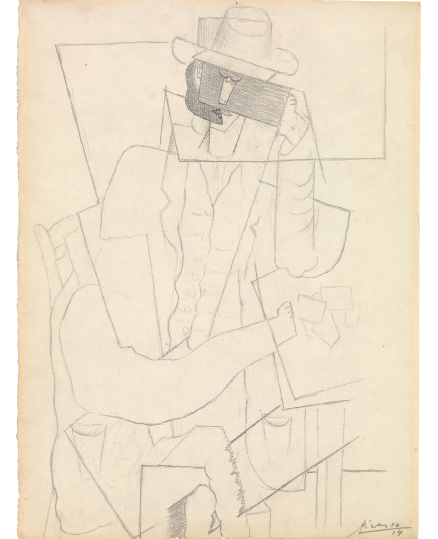 Graphite drawing of a man with a hat leaning on a table with playing cards