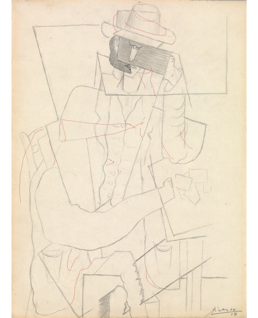 “Man Leaning on a Table with Playing Cards” with red lines noting eraser marks