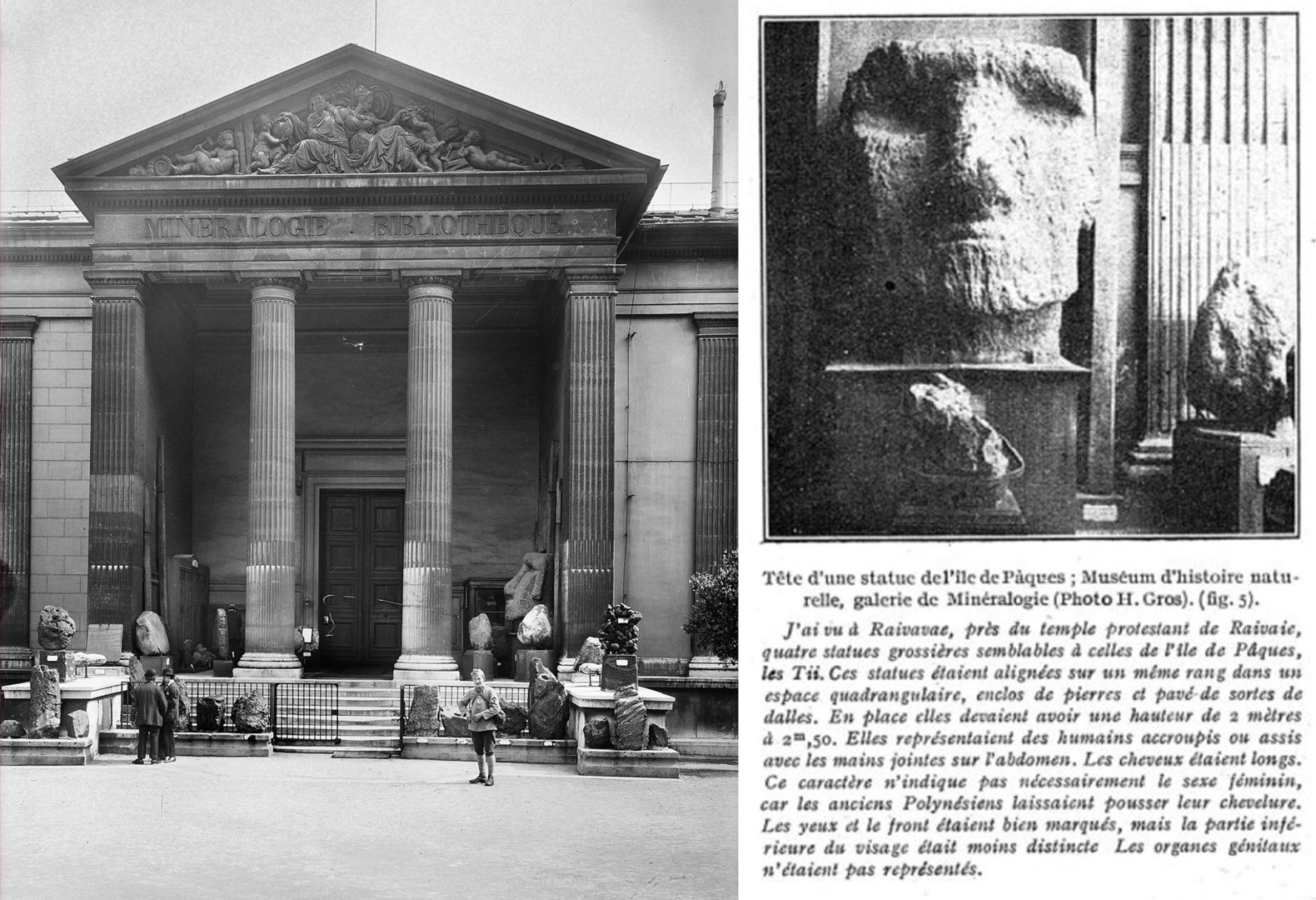 Museum of Natural History at the Jardin des Plantes in Paris (left) and clipping from Belgian journal Varietes with photo of head from Easter Island (right)