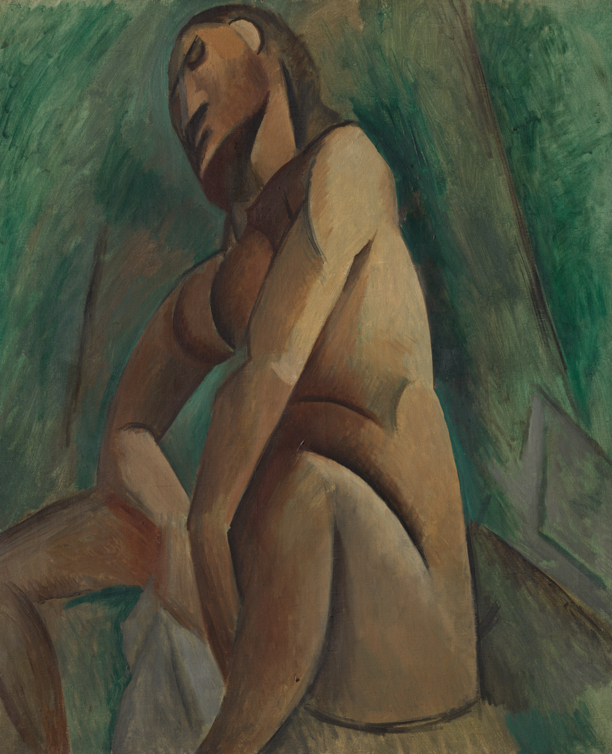 Painting of an abstracted seated female nude in brown hues against a green background