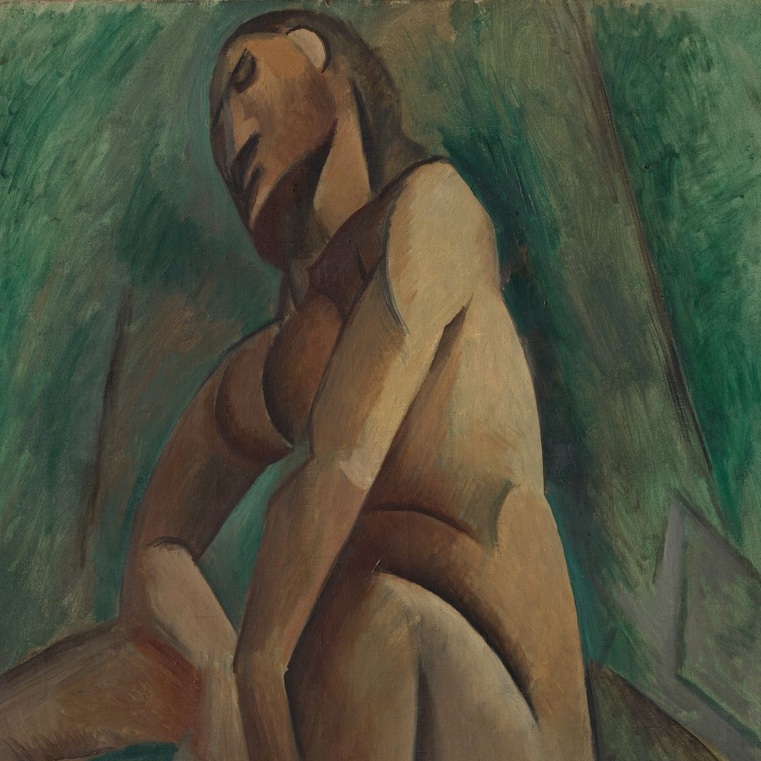 Oil painting of nude woman sitting on a stool holding a cloth between her bent legs with a dark green background
