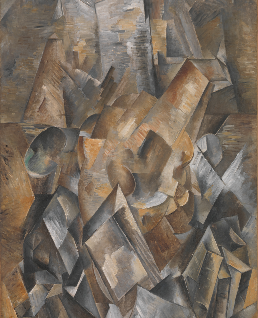 Cubist painting of a metronome in tones of gray and brown
