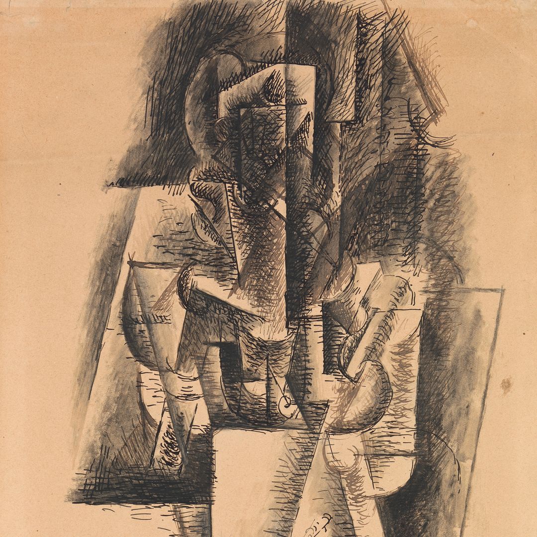 Ink and charcoal painting with a vertical figure of a woman created through scaffolding of planes and using curved and diagonal lines to make out the body
