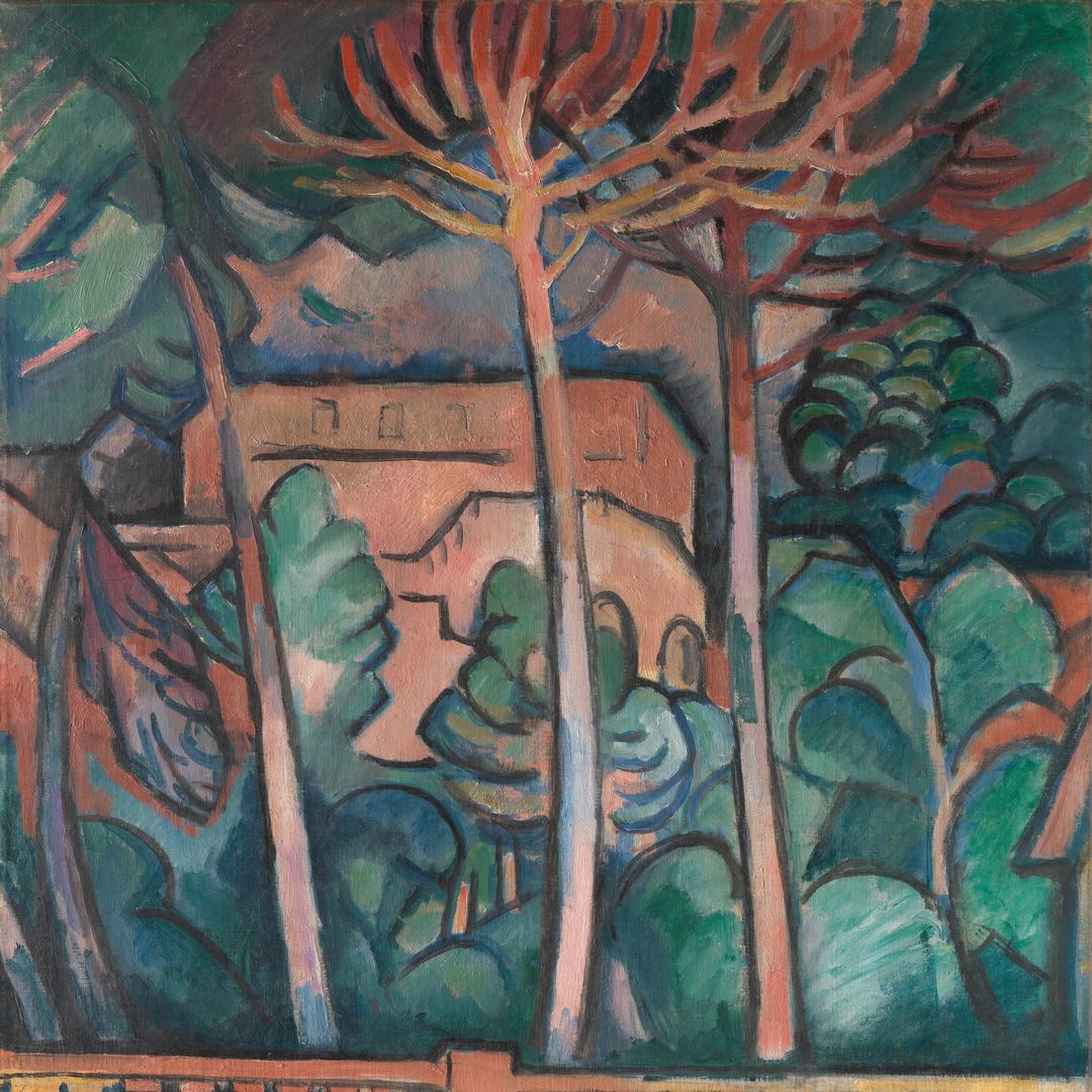 Oil painting looking out over a balcony onto a terraced park with geometrically formed trees in green, orange, and brown tones