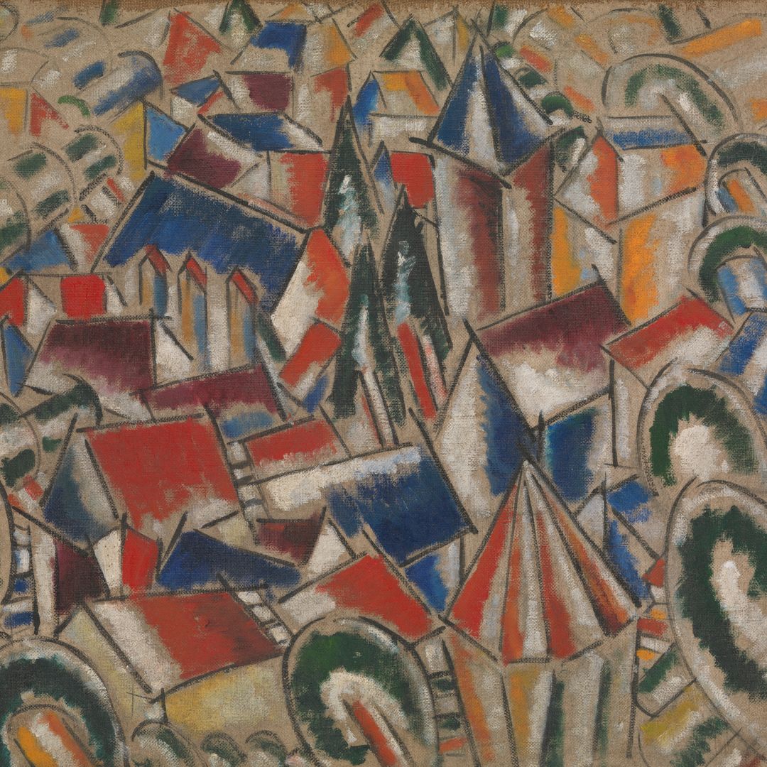 Oil painting of a village of cones, cylinders and cubes with mostly blue, white, and red shapes in the center and more green and yellow shapes on the outskirts