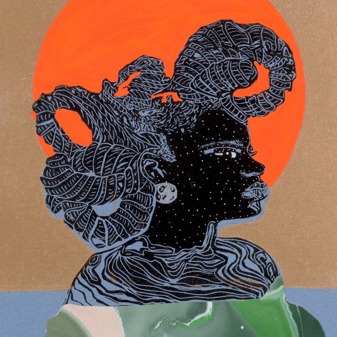 Print of the profile of a black woman with light blue outlines and sculptural twisted hair in front of a vibrant orange circle