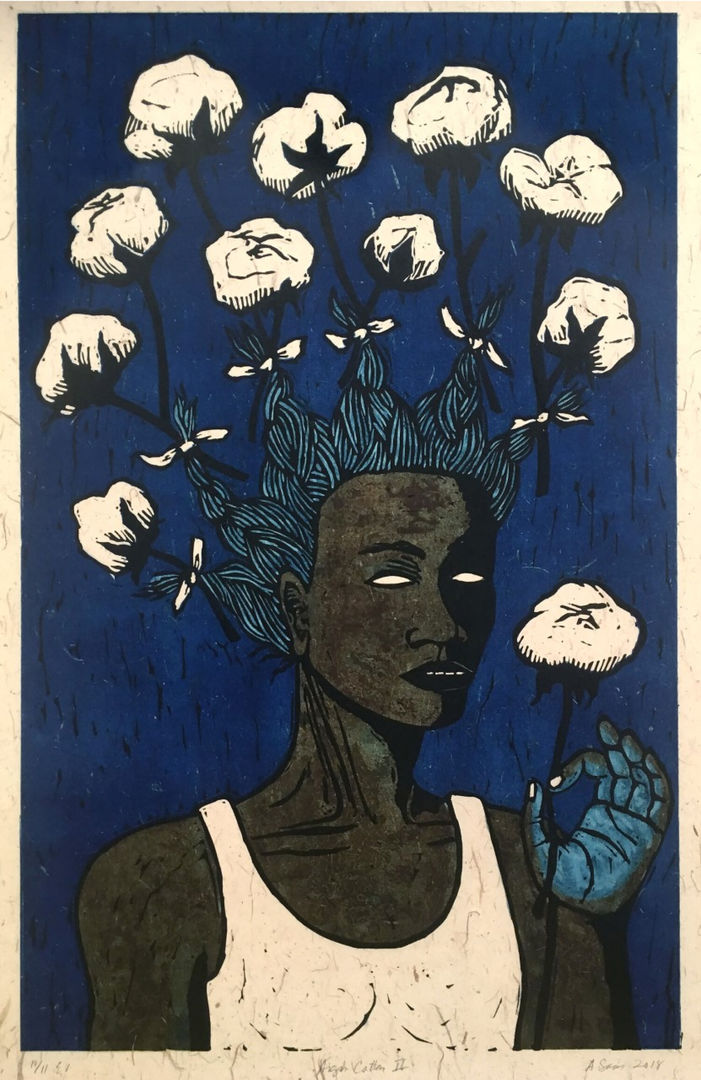 Print of a black woman with white eyes and blue braided hair held upwards by cotton plants.