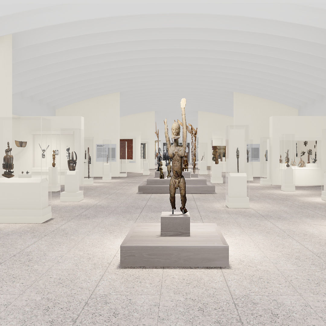 A rendering of a spacious, brightly-lit gallery displaying African art.