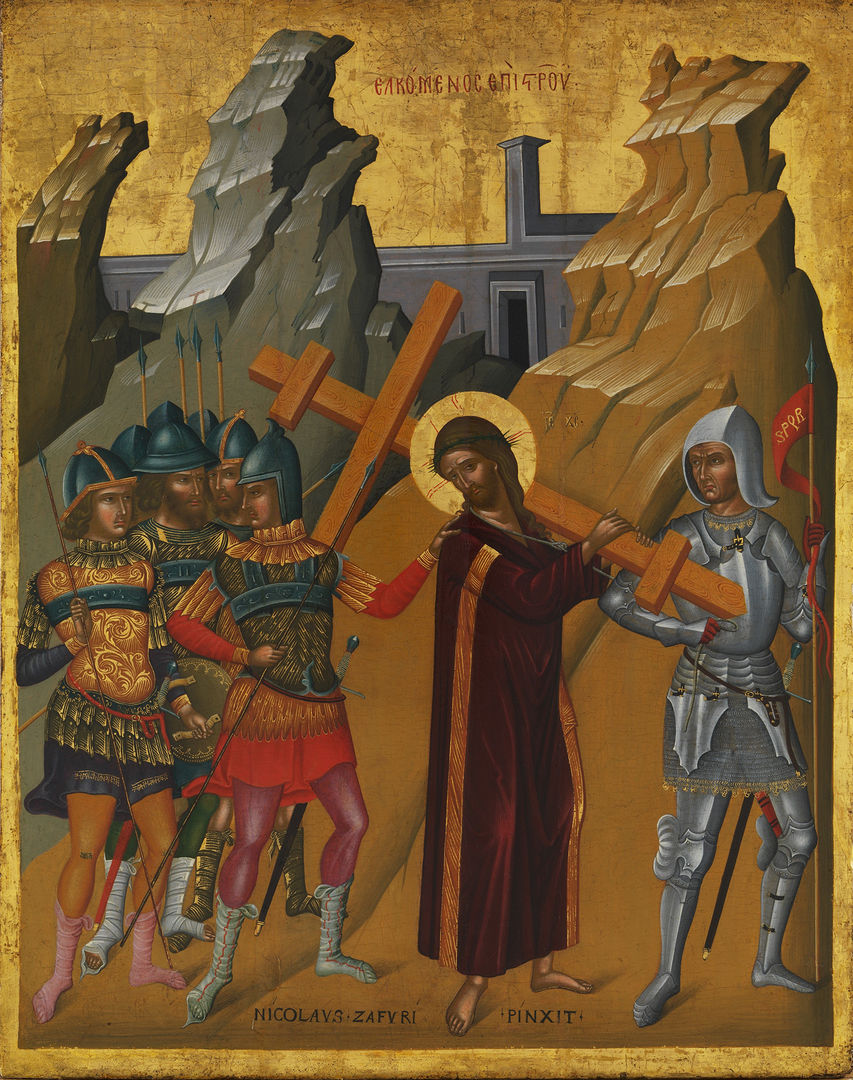 Image of Christ holding the cross with three men behind him and a man with armor standing in front of him. The background is gold leaf. 