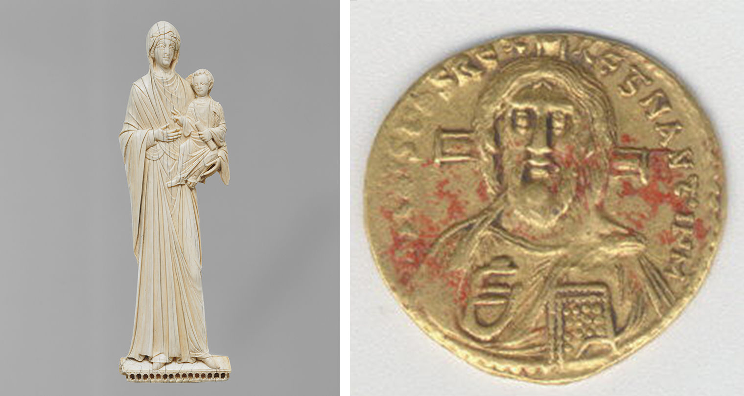A combine shot of two images separated by a white bar in the middle. On the left is a white-yellow ivory figure of the virgin and child against a gray background. On the right is a gold byzantine coin with an image of christ and the cross on it. 