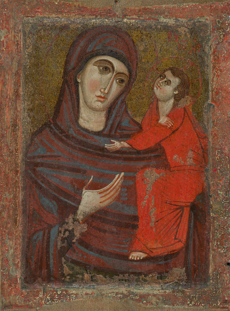 A byzantine painting of the virgin and child. On the left the virgin holds christ with her right hand outwards wearing a green-red rob that goes over her head. On the right is the child christ in a bright red robe. 