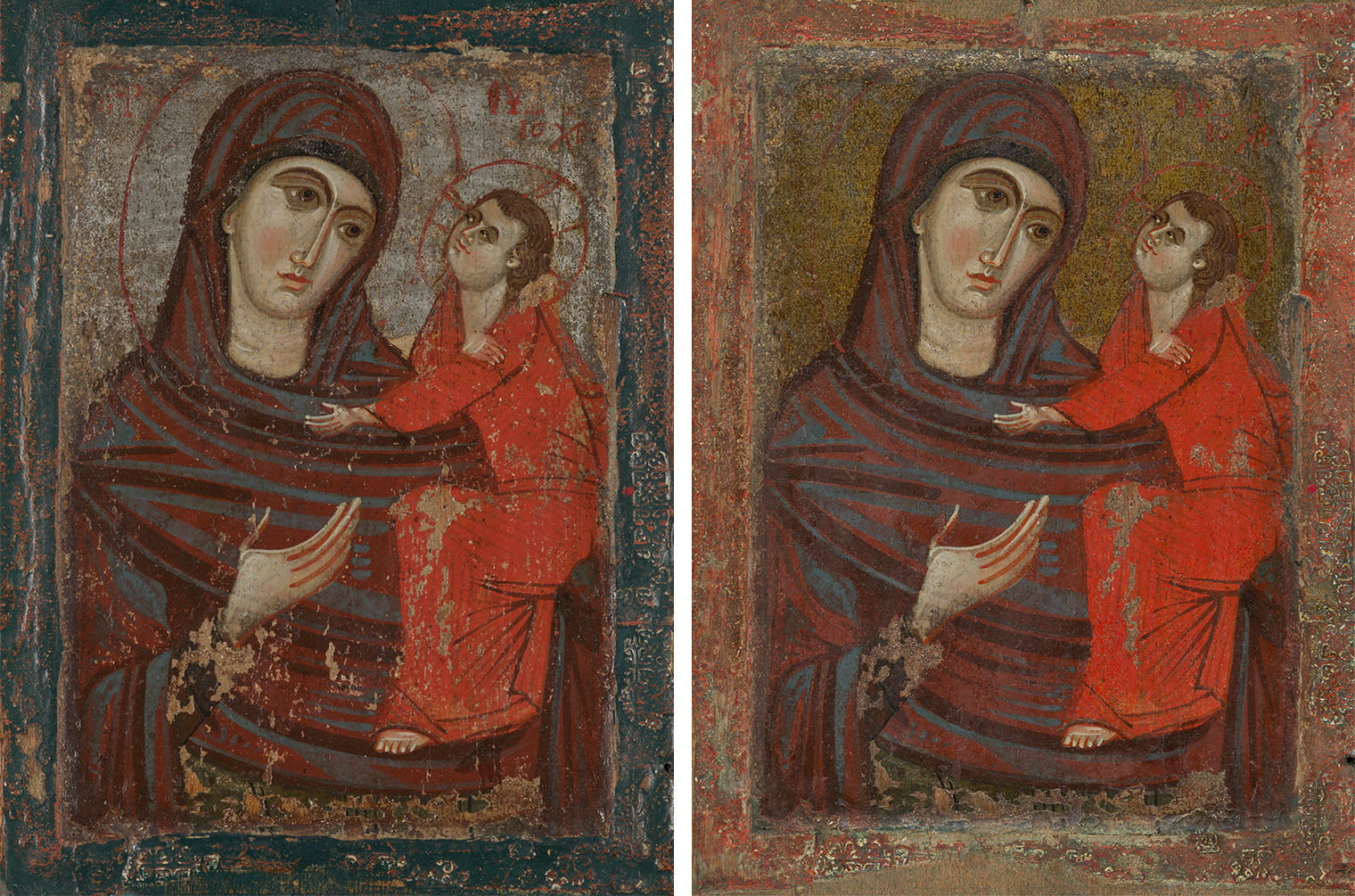 Two images of the same byzantine painting of the virgin and child. On the left the virgin holds christ with her right hand outwards wearing a green-red rob that goes over her head. On the right is the child christ in a bright red robe. The color of the border on the left is green and the border on the right is red. The image on the left is much more run down with noticeable chips.