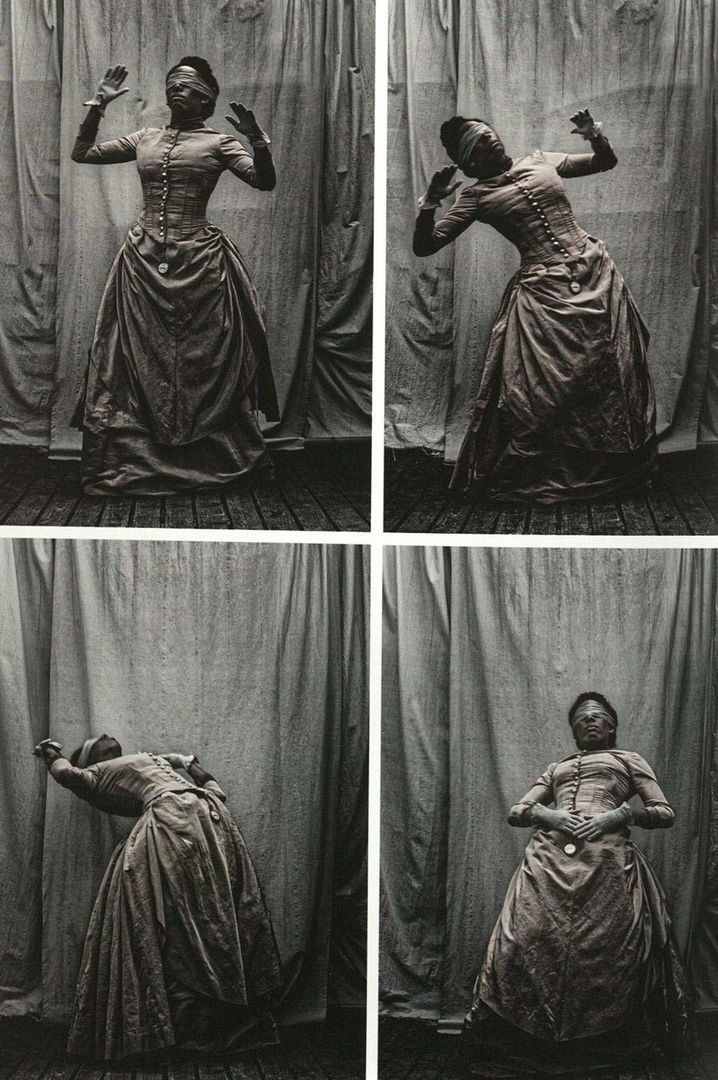 4 black and white photographs of a woman in a dress