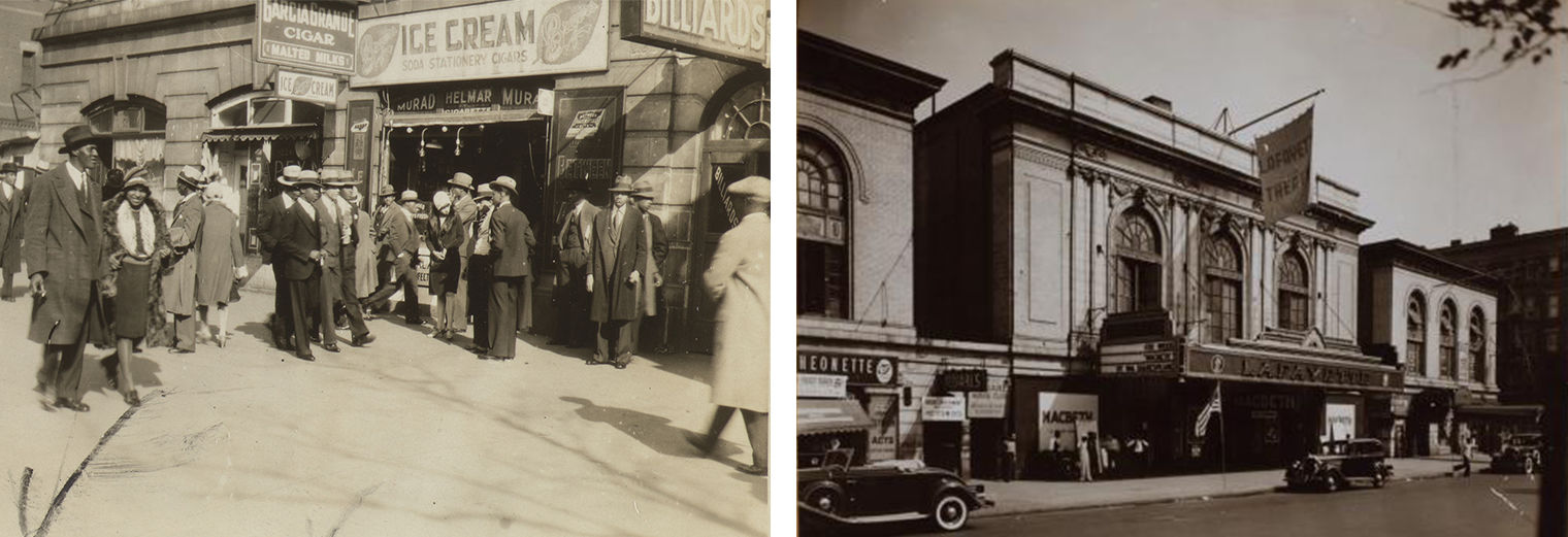 On the left Photograph of Harlem from Berenice Abbot's New York Album and on the right a photograph of the Lafayette Theatre in Harlem. Both from the early 20th Century. 