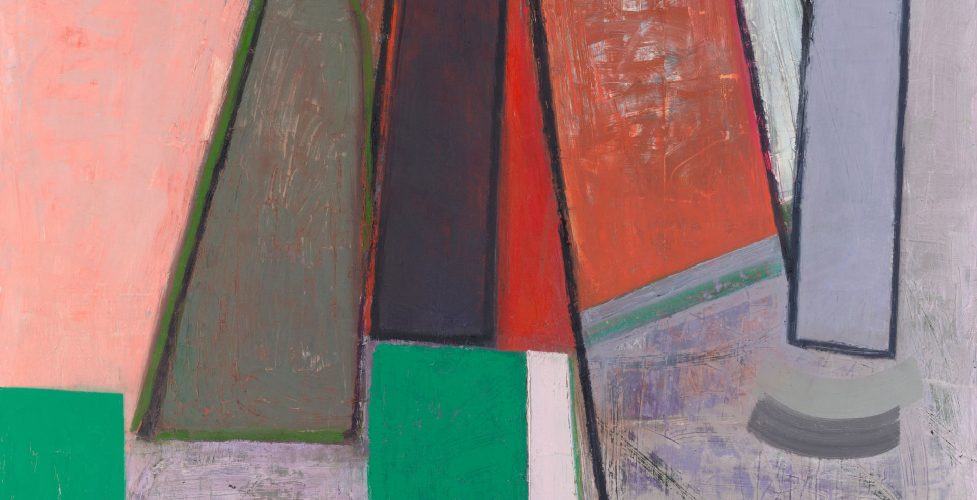 Abstract painting of rectangular blocks in green, pink, red, light purple and gray tones