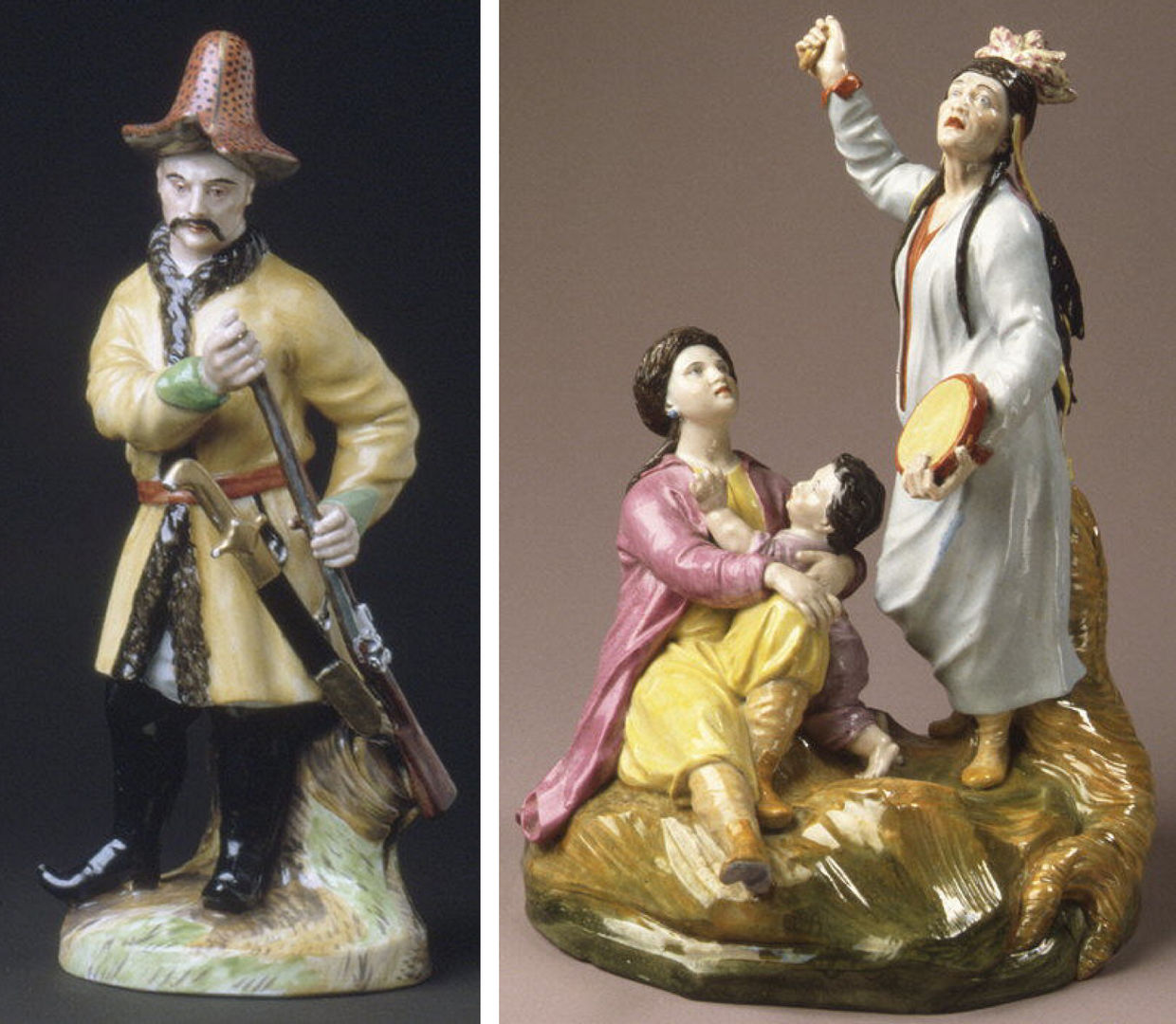 Diptych of two porcelain figures: one showing a man with a riffle and the other showing a mother, child and a female shaman