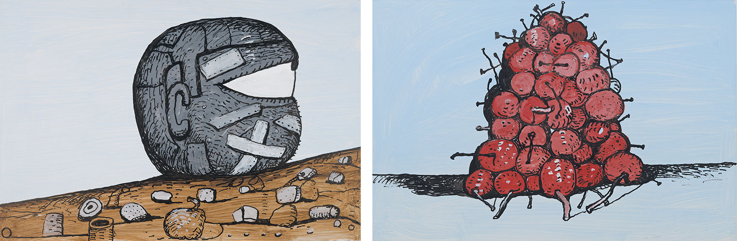 Two images: on the left, a head with one eye against a barren landscape. On the right, a pile of cherries against a blue background. Both paintings by Phillip Guston in his late style. 