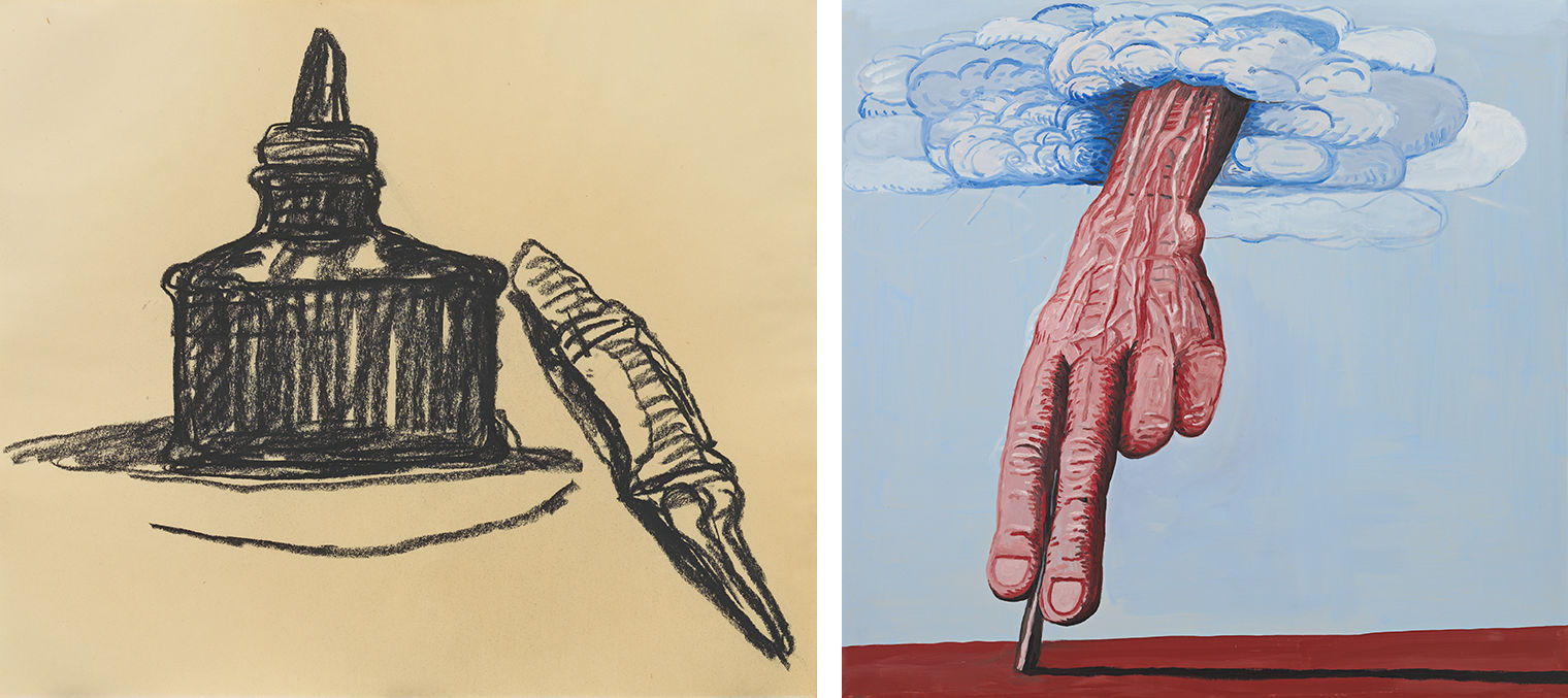 Two images, the one on the left is a drawing that depicts a pen and ink rendered by Phillip Guston in his late style. The right is a painting with a hand coming out the sky with a pencil drawing on earth. 
