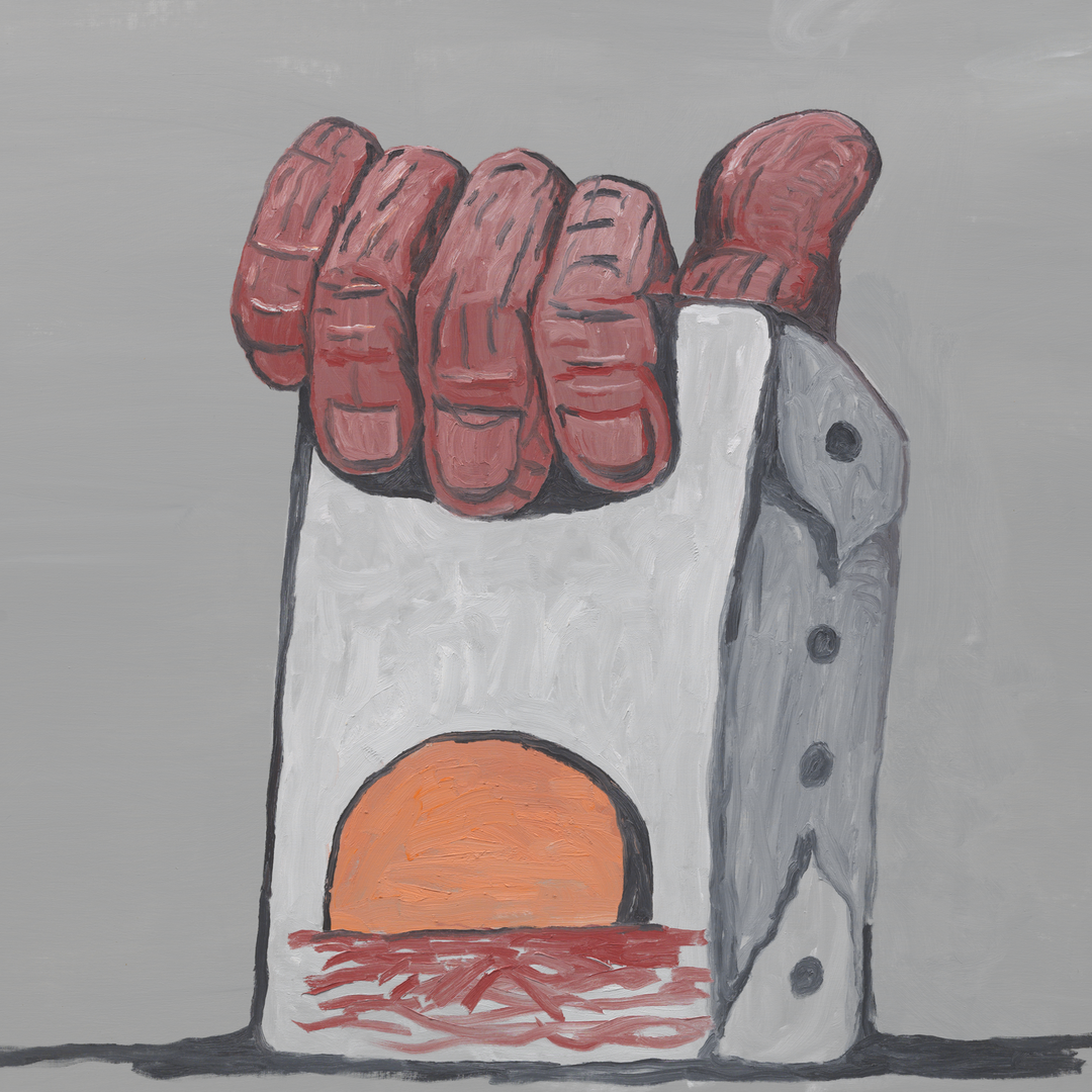 Painting by Phillip Guston with a hand holding a canvas with a sunset on it against a grey background. 